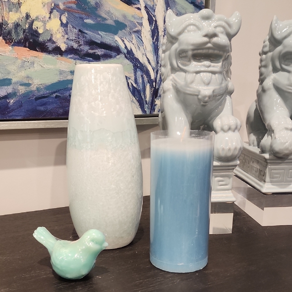 Curated Bundle Of Vase, Pillar Candle, And Bird Candle